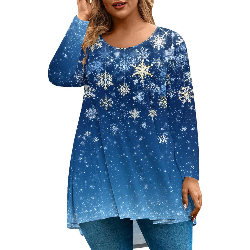 Women's Fashion Large Size Round Neck Long Sleeve Casual Christmas Print Loose Pullover Top