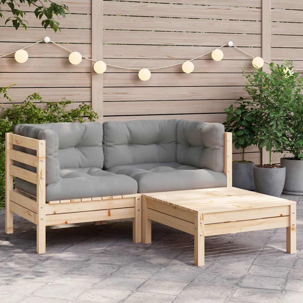 3 Piece Garden Lounge Set with Grey Cushions Solid Pine Wood