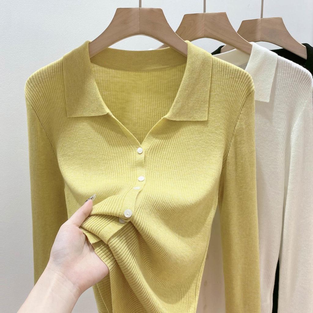 Retro Easy To Wear Amazing Swan Neck Fashionable POLO Neck Solid Color Temperament V-Neck Knitted Sweater Female