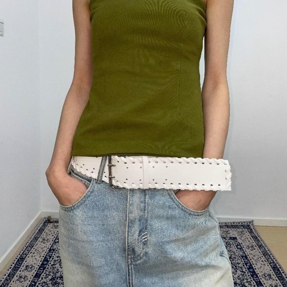 Y2k PU Leather Waistband Woven Western Cowboy Belt Fashion Women Wide Belt  Spicy Girl