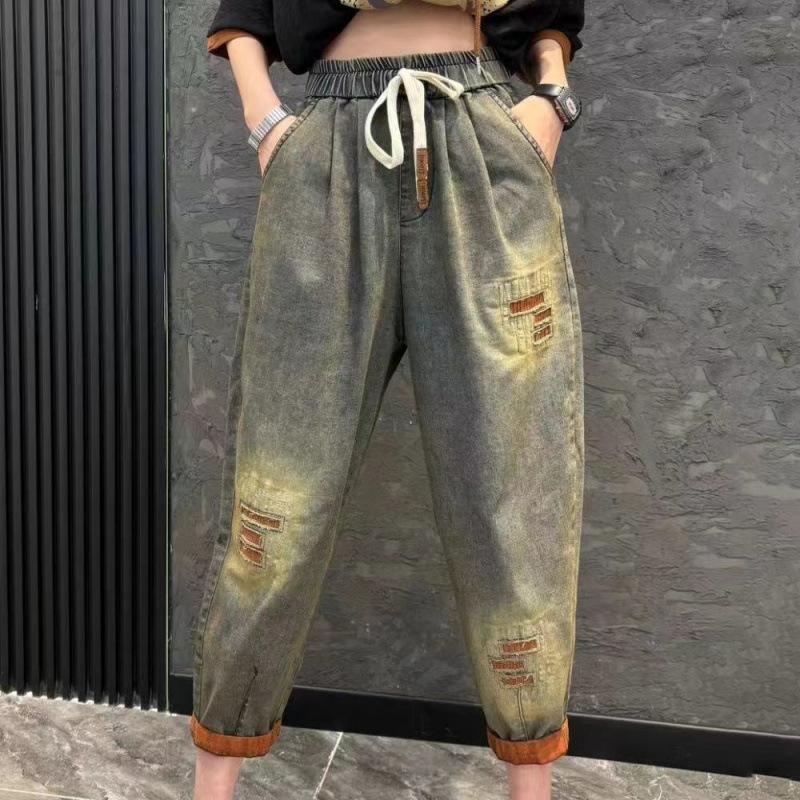 Casual Set Personalized Fashion Hooded Loose Print Short Sleeve Nine Points Jeans Two Piece Set Women's