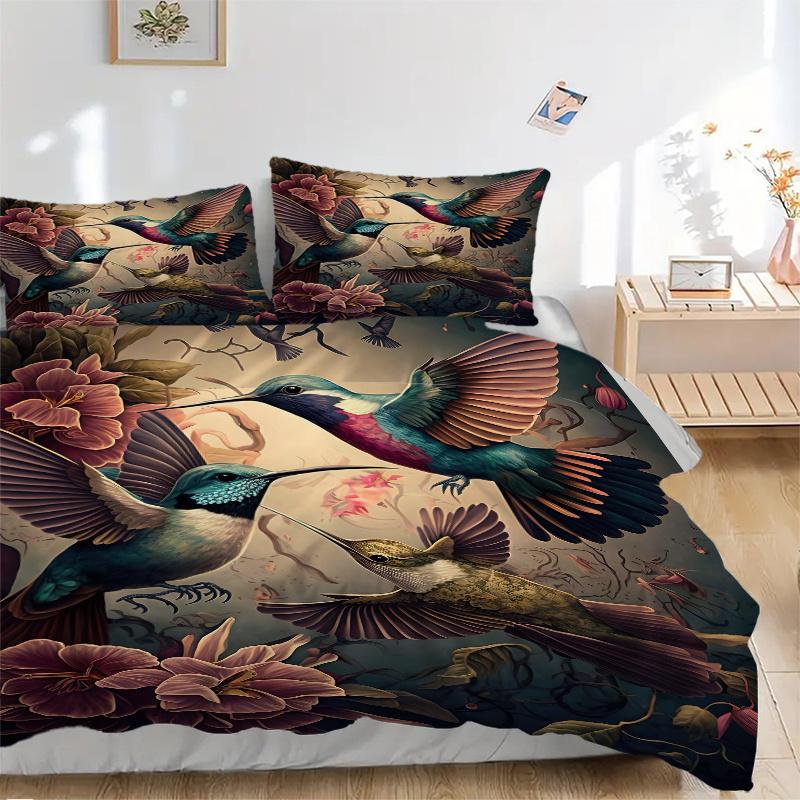 3pcs Whirling Hummingbirds Bedding Set, Including 1 Quilt Cover and 2 Pillow Shams, Without Filling, Soft and Comfortable Home Bedroom Fabric, Fa