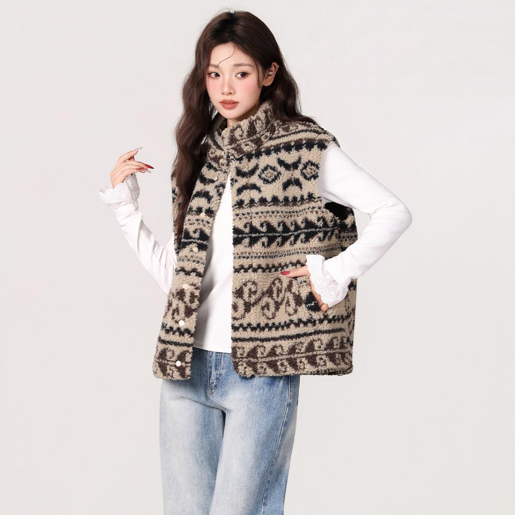 Vintage Fair Island Fleece Loose Vest Jacket Autumn and Winter Wear Stacked Design Vest Sleeveless Top Women