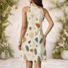 Women Plus Size High Round Neck Sleeveless Beige Brown Plaid Printed Flared Dress