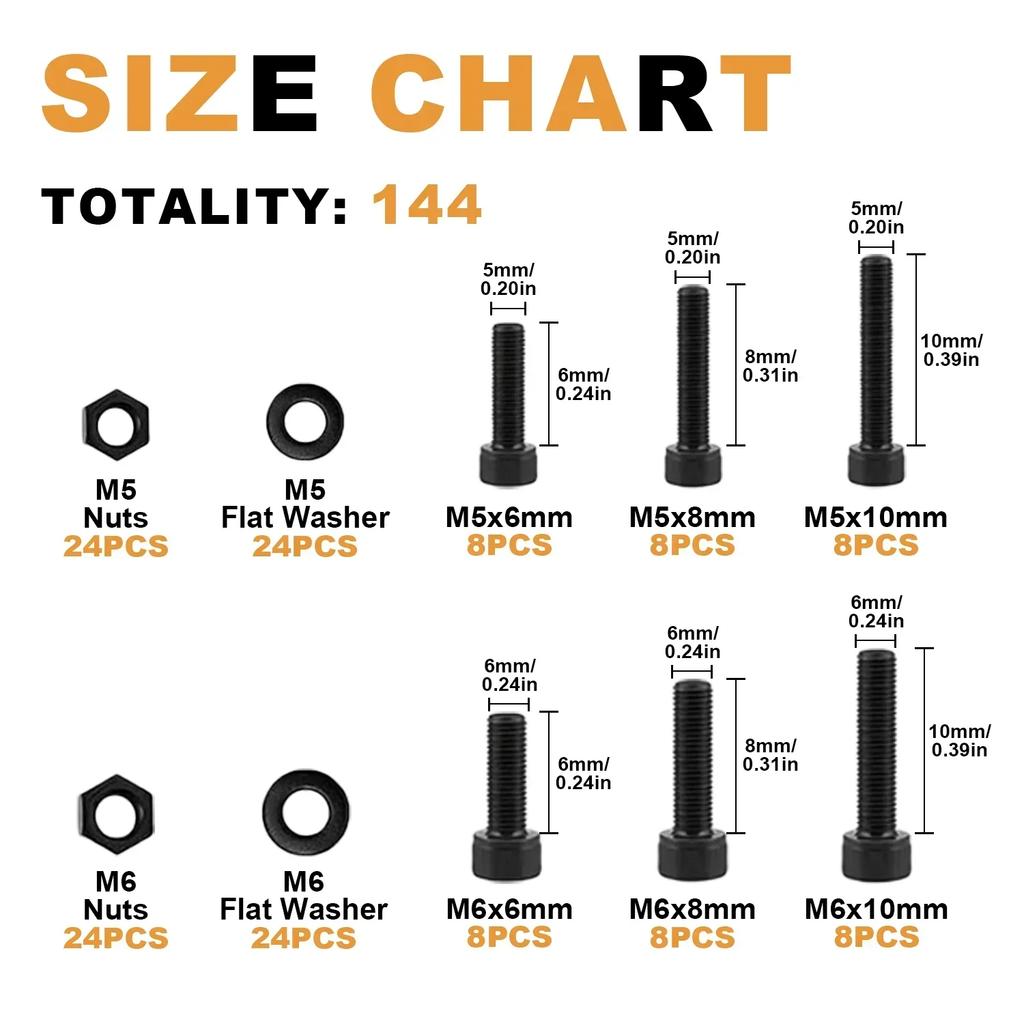 Набор винтов с шестигранной головкой VKKM из 144 штук M5/M6, легированная сталь класса 10.9 – незаменим для механического и мебельного крепежа