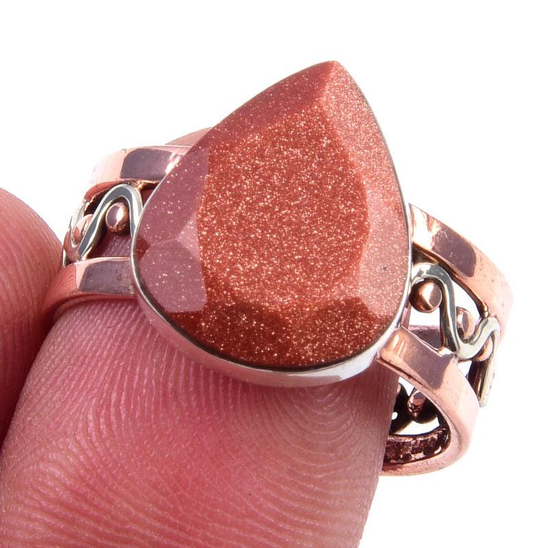 Natural Sunstone Gemstone Handmade 925 Sterling Silver Two Tone Ring Size 9 M9O34