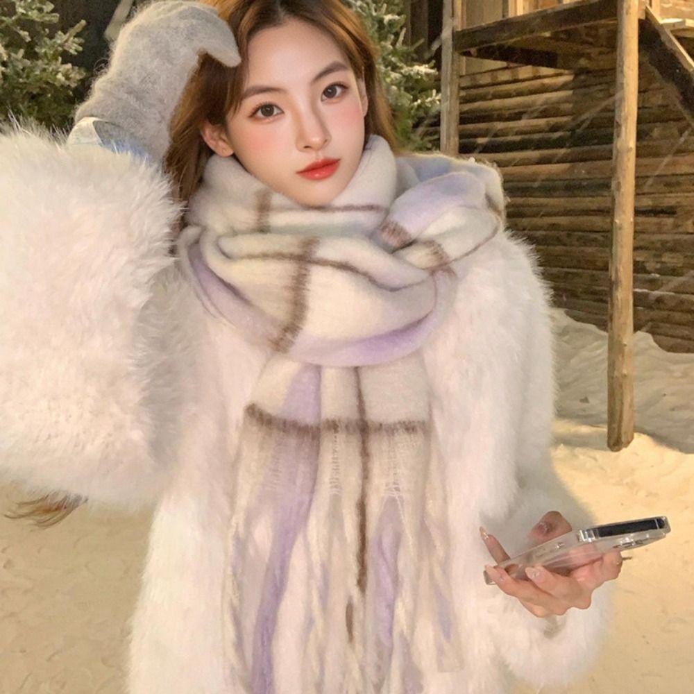 Checkered Winter Cashmere Scarves Korean Style Women Shawl Casual Wool Tassel Scarf  Autumn