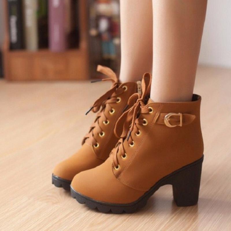 Новинка 2024 года: весенне-зимние женские туфли-лодочки, ботинки высокого качества, европейская женская обувь на шнуровке, ботинки из искусственной кожи на высоком каблуке