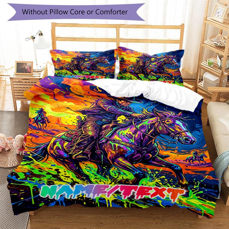 3PC Custom Name Cowboy Wild Horse Bedding Set Printed Bedding Set Duvet Cover Closure Includes 1 Duvet Cover & 32 Pillowcases for Bedroom
