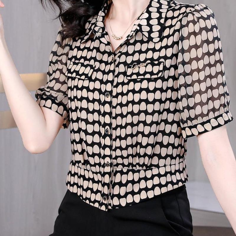 Temperament Fashion Summer Chiffon Shirts Women Polo-Neck Single Breasted Polka Dot Short Corset Short Sleeve Tops