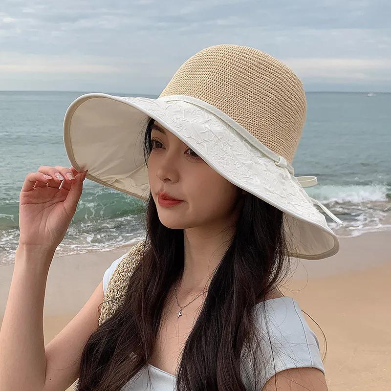WTEMPO Весна-лето Широкие поля Открытый Дышащие Складные Пляжные Солнцезащитные Кепки Женские Лоскутные Повседневные Однотонные Солнцезащитные Кепки с Ветрозащитной Веревкой