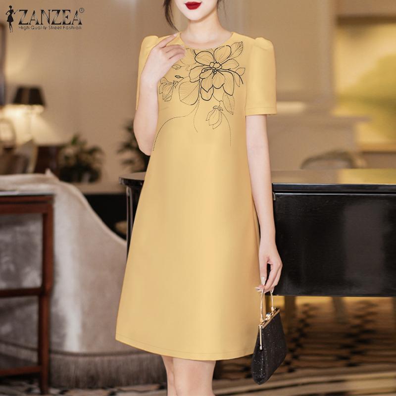 ZANZEA Женское летнее повседневное платье с коротким рукавом и круглым вырезом с принтом