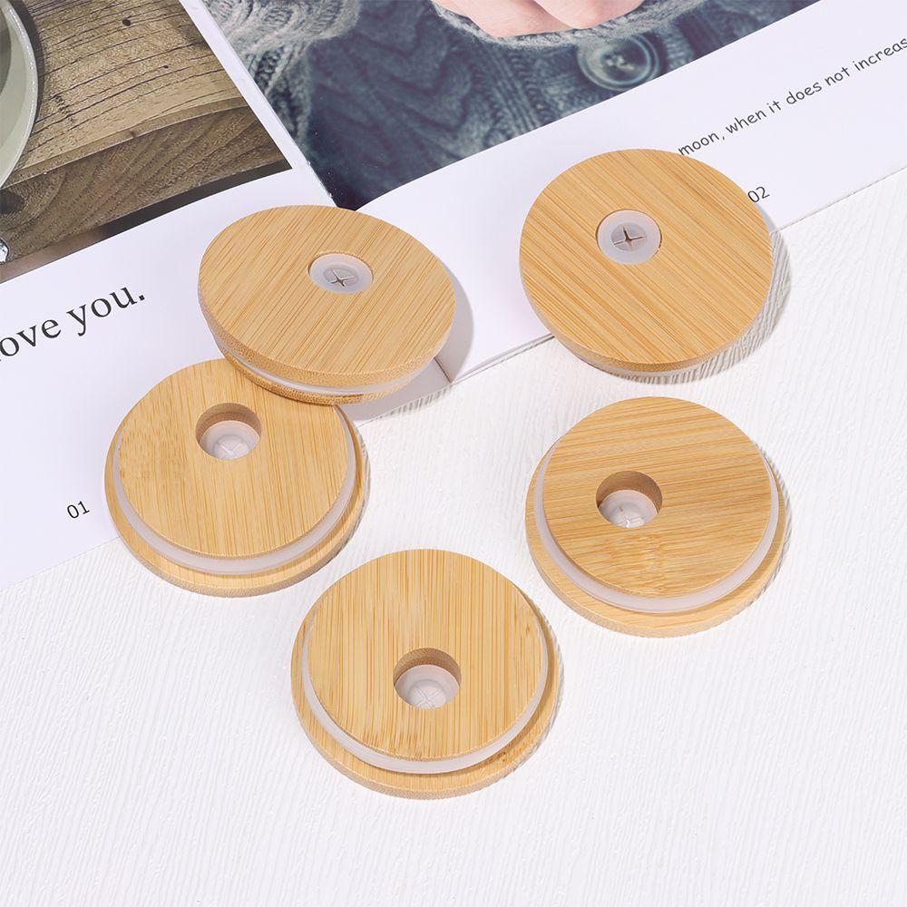 Storage Bottles Silicone Seal Ring Wide Mouth Cup Mason Jar Lid With Straw Hole Bamboo Wood Lids