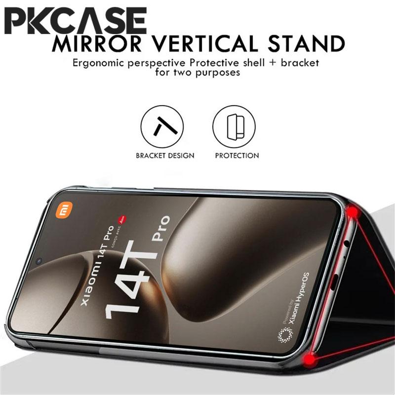 PKCASE Смарт-зеркало Чехол-книжка для телефона для Xiaomi 15T 14T 13T 13 Lite 14 Pro Ударопрочный Кожаный Держатель Задняя крышка