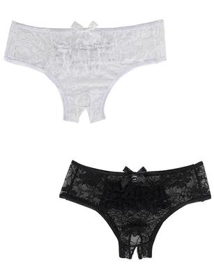 Кружевные трусики с сексуальными большими размерами, открытые с лентой и цветочным кружевом [comeondear] Дырочки, Рюши, Милые, Эластичные, M-5L, Т-образная спинка, Экстремальные,