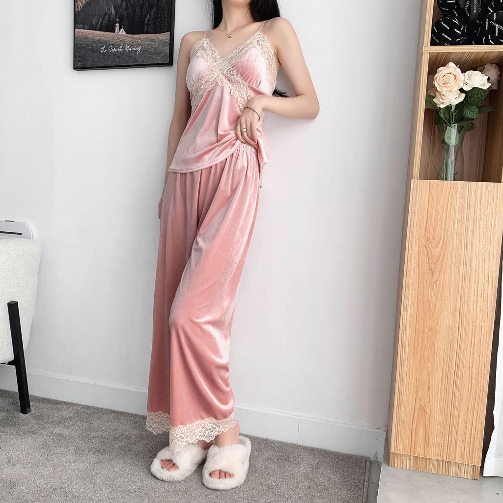 New Autumn Velvet 3PCS Pajamas Set Sleepwear Sexy Lace Trim Bath Robe Nightgown Loose Casual Velour Home Clothes Loungewear