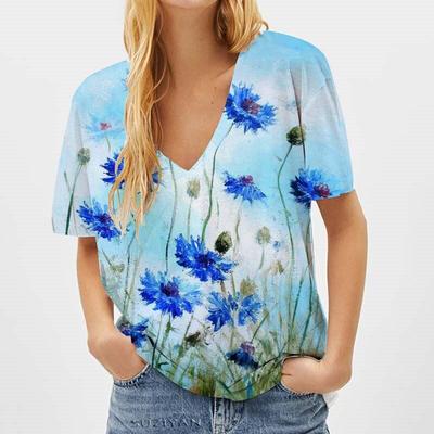 Модные весенние блузки с цветочным принтом, футболки с коротким рукавом и V-образным вырезом, повседневные