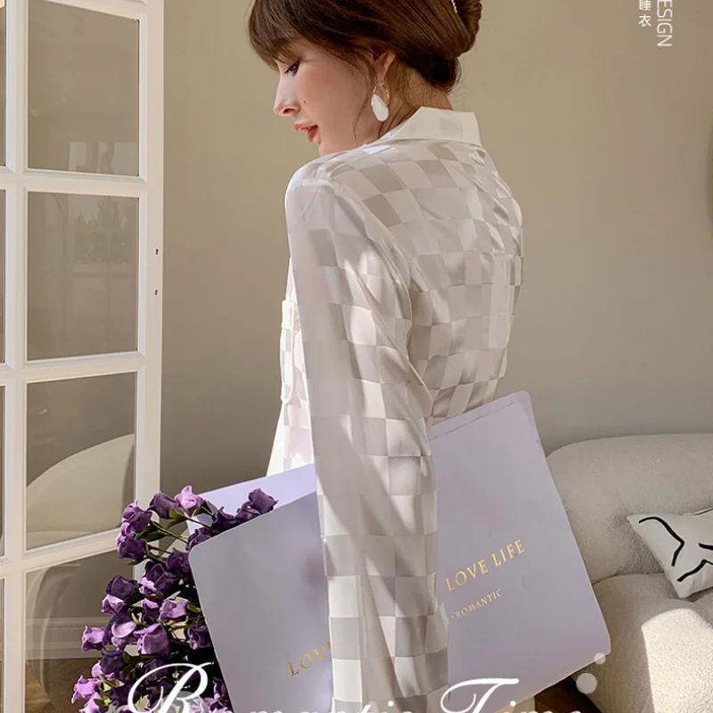 Пижама женская шелковая пижама с длинными рукавами костюм жаккардовая клетчатая высококачественная ледяная шелковая пижама можно носить на улице домашняя одежда пижама