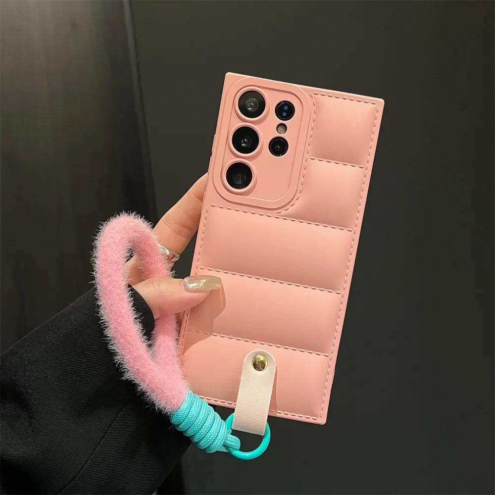 Down Jacket Lanyard Case for Samsung Galaxy S24 S23 S2 S26 Ultra S22 Plus S21 S20 FE A4 A A1 Hand Wrist Strap Cover