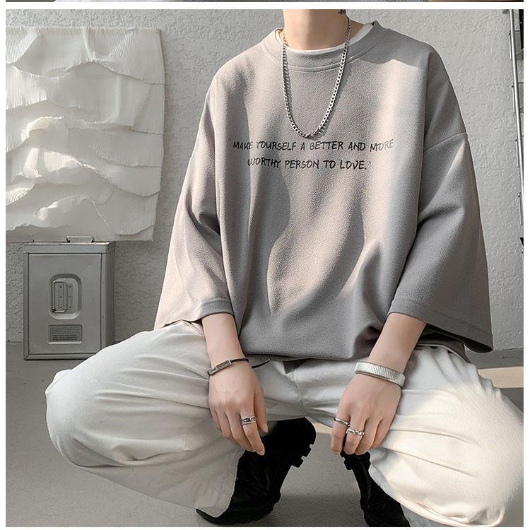 Летняя тонкая футболка с короткими рукавами, мужская толстая рубашка большого размера с пятью точками рукава, корейская драпировка, топы из ледяного шелка с половиной рукавов