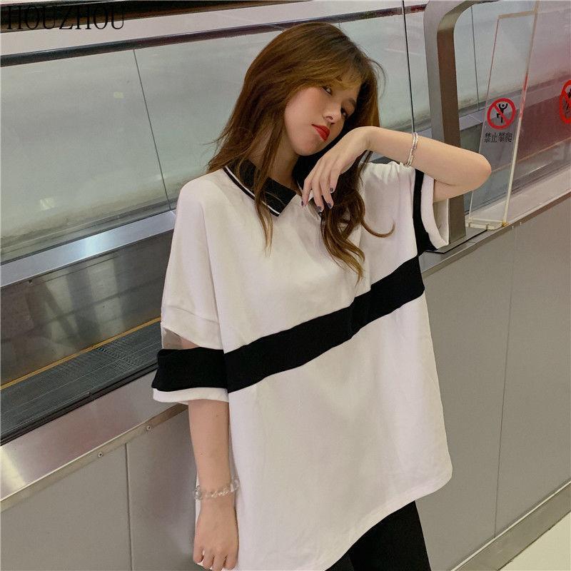 HOUZHOU Футболка ПОЛО женская летняя корейская свободная с коротким рукавом полая корейская шикарная повседневная оверсайз