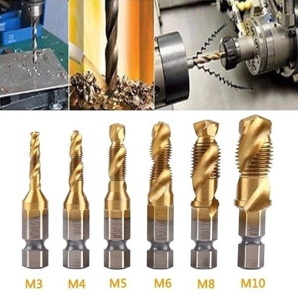 6pcs/Lot 1/4'' Hex Shank Thread Drill Bits HSS Coated Composite Tap Countersink Twist Metal Drilling Set Screw Tap Tool