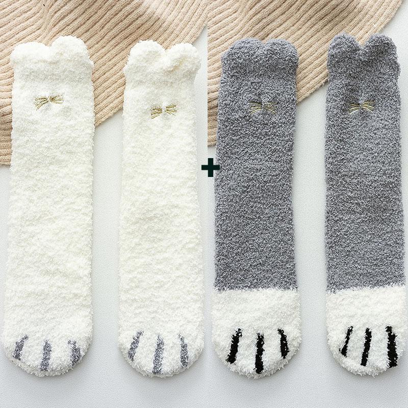 2 пары/лот флисовые тапочки коралловые осенне-зимние носки милые женские носки с принтом кошачьих лапок и животных