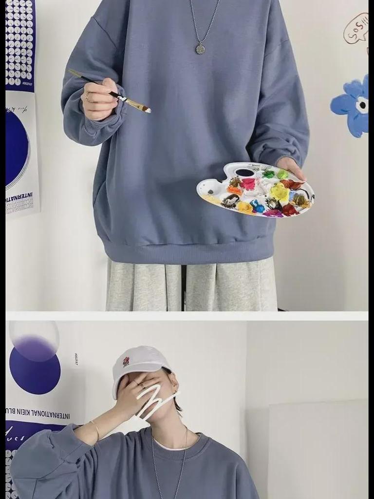 Мужская осенняя модная свободная толстовка в гонконгском стиле с круглым вырезом