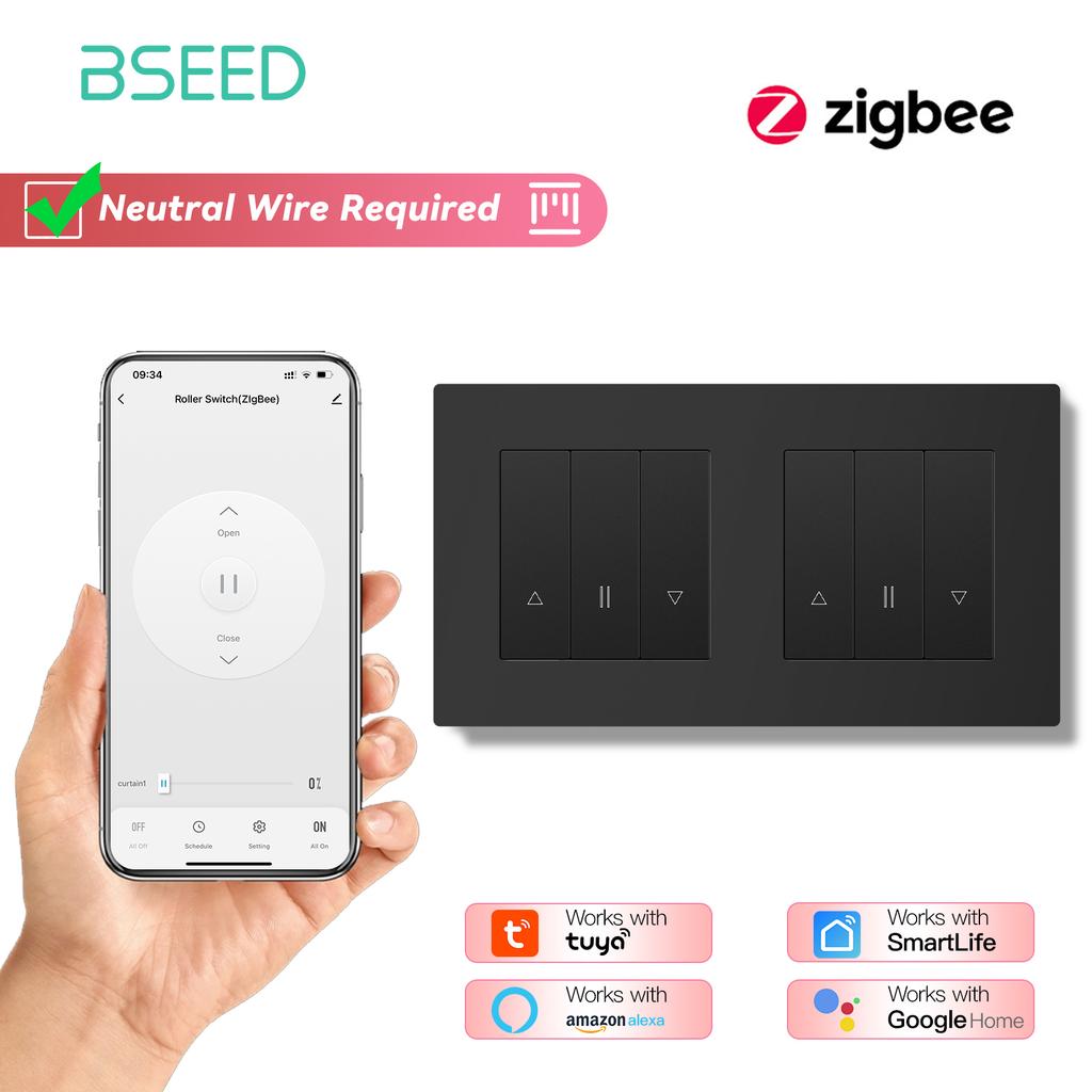 BSEED Zigbee Shutter Switch With Wall Sockets Wall Smart Click Switches Yellow Backlight Plastic Frame Tuya APP Roller Switch EU