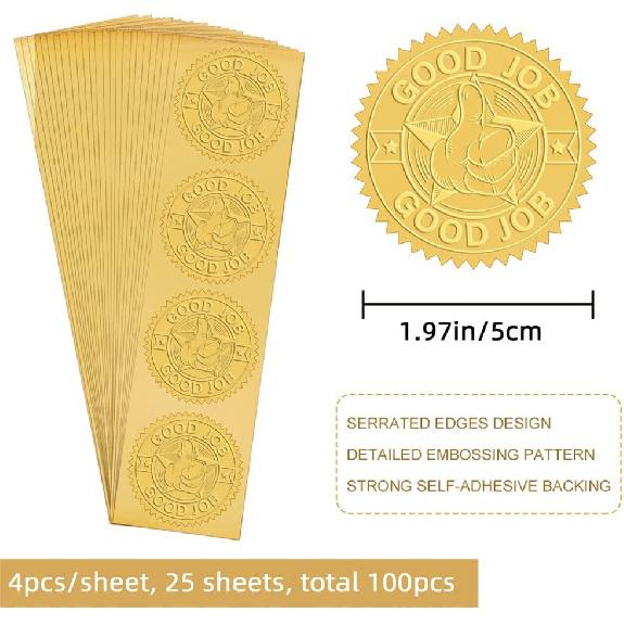 CRASPIRE 2 Inch Gold Embossed Envelope Seals Stickers Good Job 100pcs Adhesive Embossed Foil Seals Stickers Label for Wedding Invitations Gift