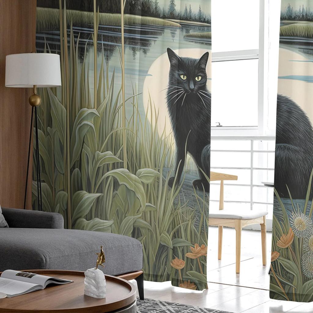 Прозрачные шторы с изображением кота Луны и джунглей для гостиной, спальни, тюлевые занавески для кухни, вуаль, шторы, жалюзи, панели