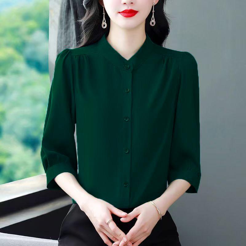 Элегантная женская рубашка с рукавом семь восьмых однотонной расцветки - Летне-осенний топ свободного кроя из коллекции для мам