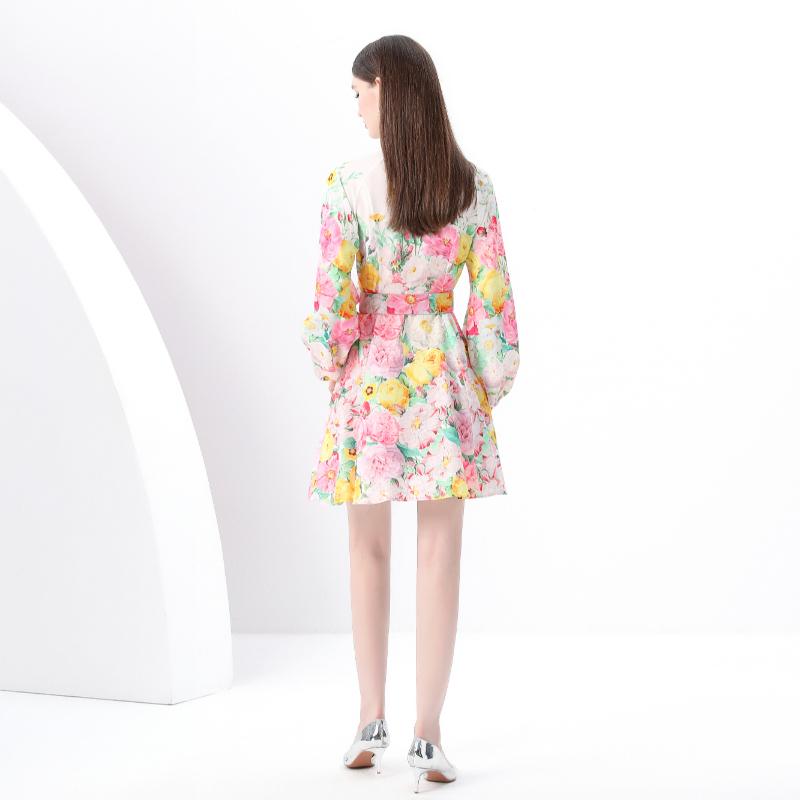 Spring Summer Women Lantern Sleeve Single Breasted Print Chic Mini Short Dresses With Belt