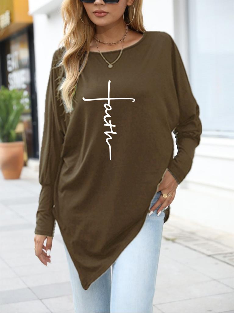 Women's Oversize Long-Sleeve Spring/Fall Asymmetrical Hem T-Shirt