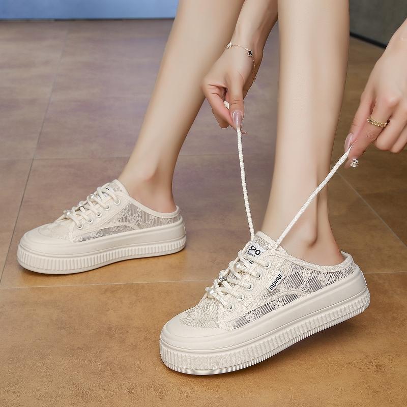 CRLAYDK Summer Women's Lace Comfortable Slip On Mules Mesh Skate Slippers Ladies Backless Slide Loafers Casual Platform Shoes