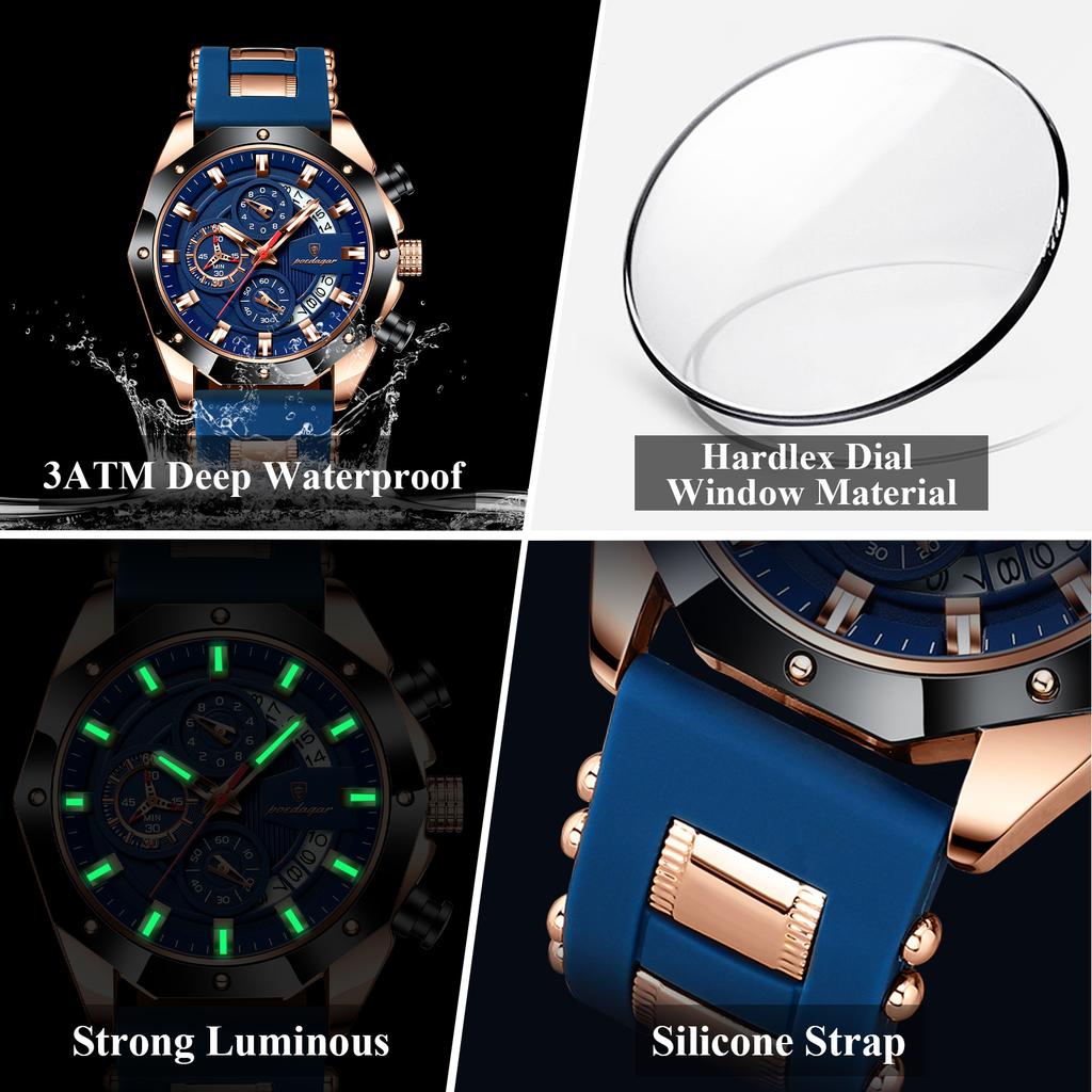 Men's Multifunctional Three Eye Chronograph Calendar Watch Multi Functional Waterproof Luminous Dial Student Fashion Sports Quartz Watch