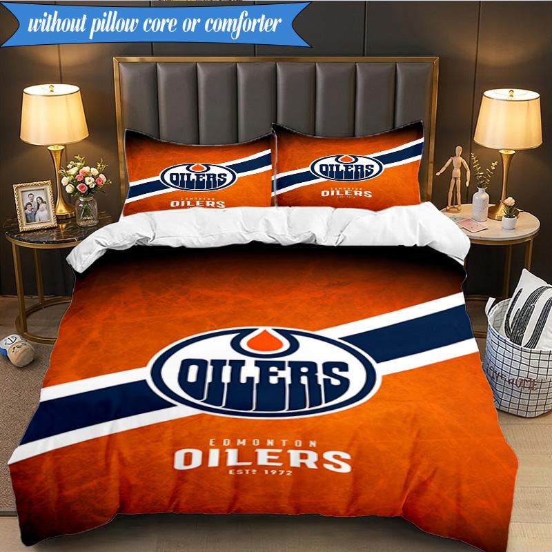 3PCS Edmonton Oilers Emblem Bedding Set,Including 1pc Duvet Cover And 2pcs Pillowcases Perfect for Bedroom, Dormitory, Fan Christmas gift