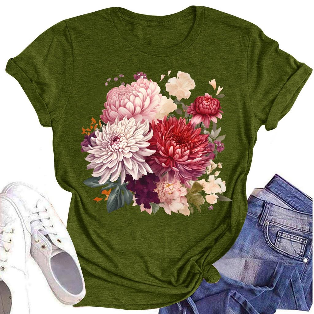 Women's Casual Round Neck Floral Print Short Sleeve T-Shirt Top