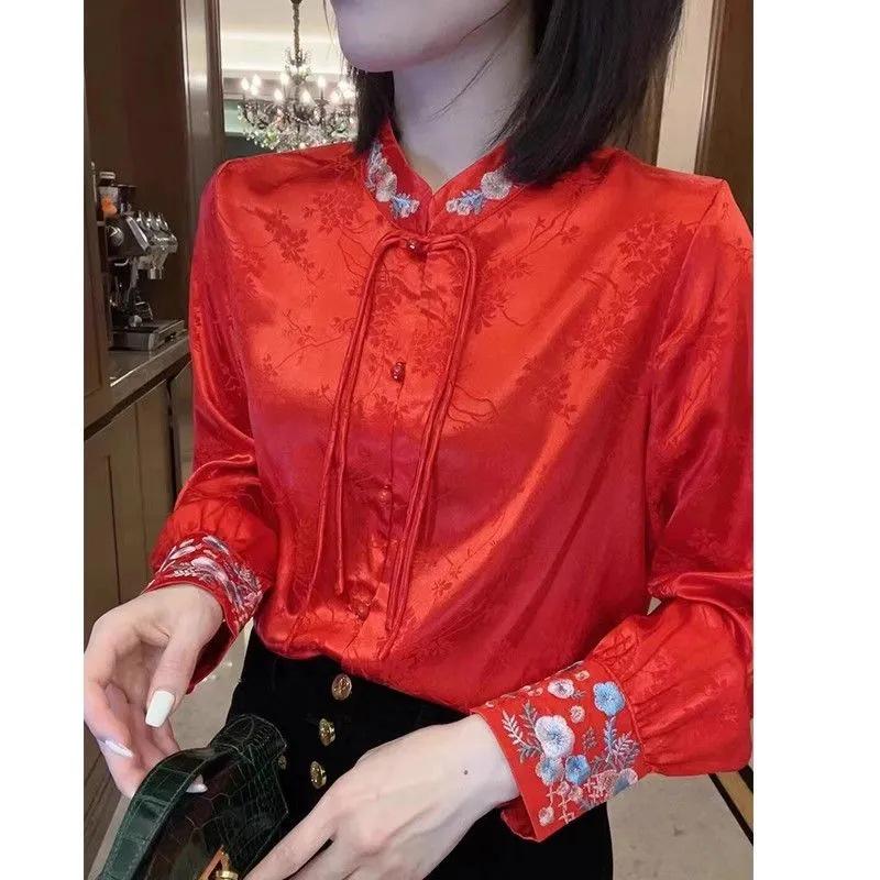 Женский жаккардовый топ в национальном стиле 2024: Весенне-осенняя рубашка премиум-класса со стойкой