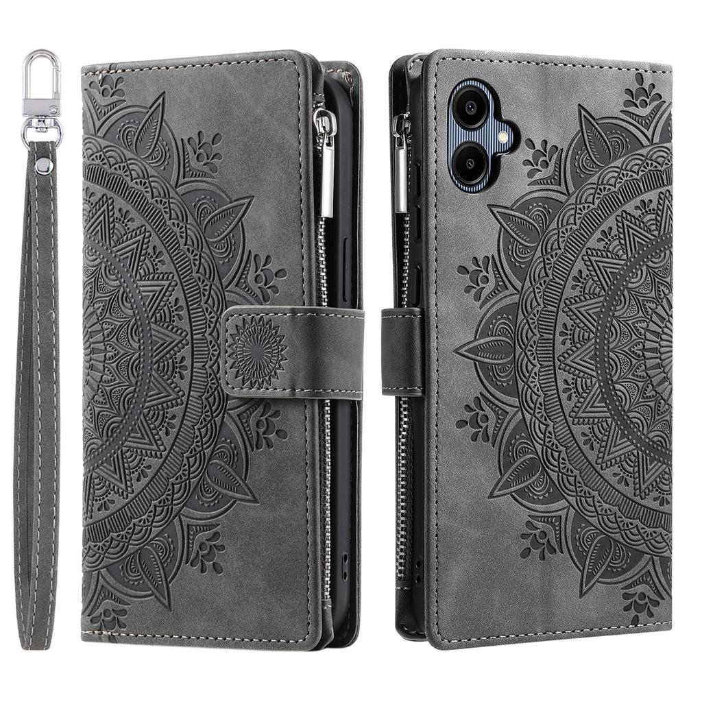 For Samsung Galaxy A07 Wallet Case Mandala Flower Pattern PU Leather Phone Cover with Wrist Strap