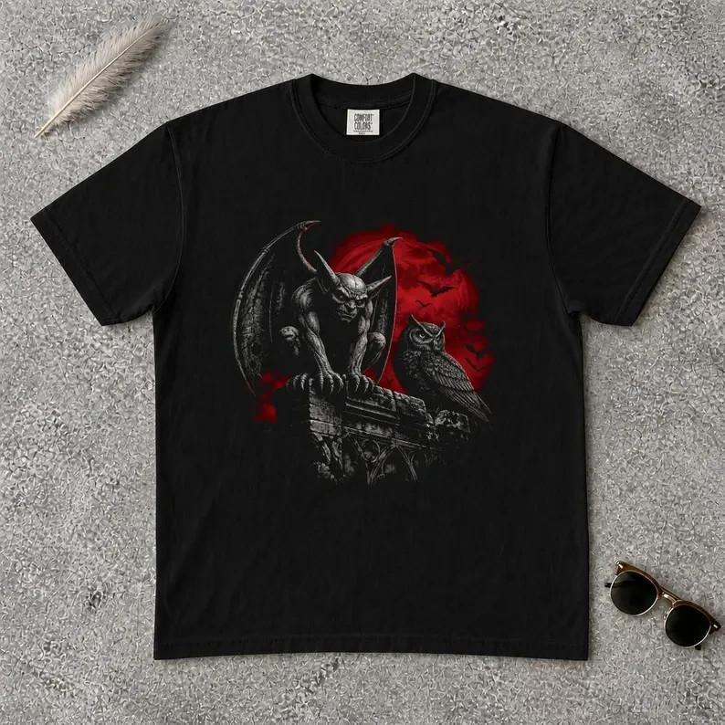 Gothic Gargoyle T-Shirt, Blood Moon Owl Graphic Tee, Dark Academia Witchy Clothe