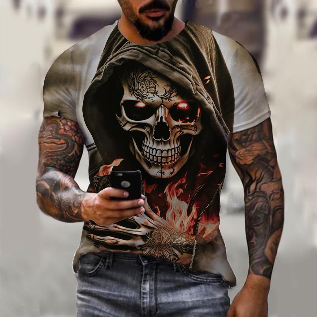 Summer Round Neck 3D Horror Skull Print Top Fashionable Casual Short Sleeved Men's T-shirts
