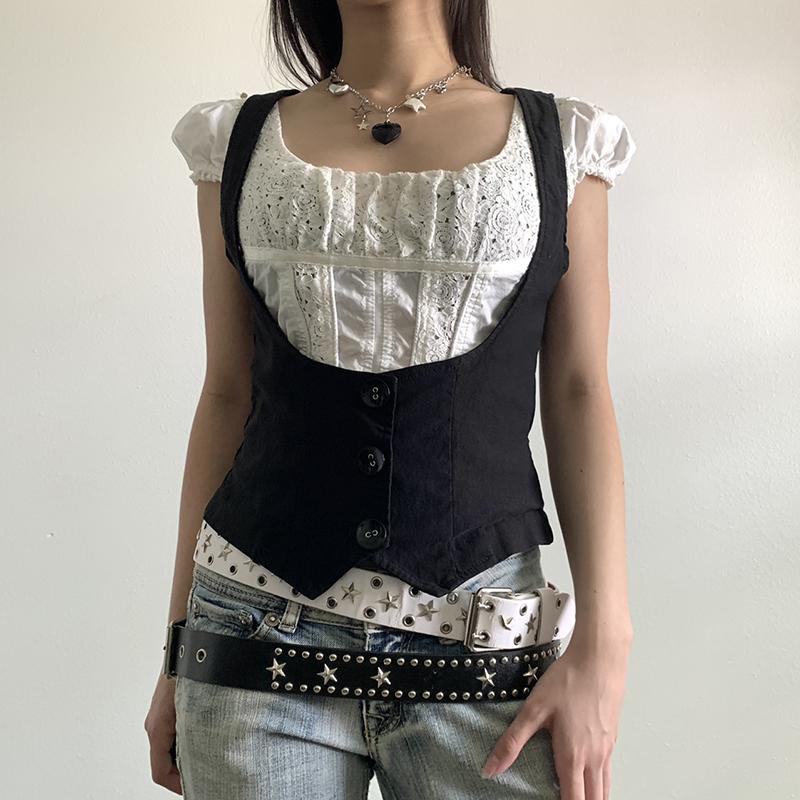 2KWEIRD Black Button Up Corset Top Women Fashion Sleeveless Skinny Tank Tops Vintage Y2k Streetwear Tees Harajuku 90s Girdle Vest