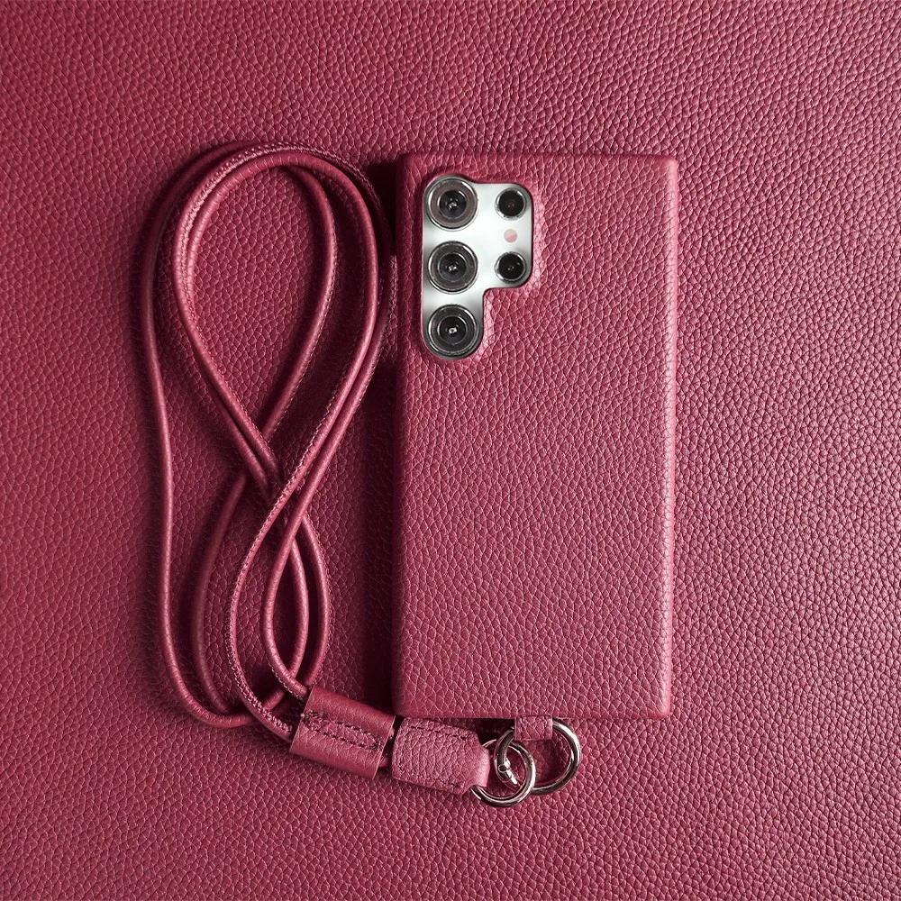 Luxury Cowhide Genuine Leather Case for IPhone 16 Pro Max 15Pro 11 13 12pro 14Pro 14 Strap Crossbody Lanyard Phone Cover Coque