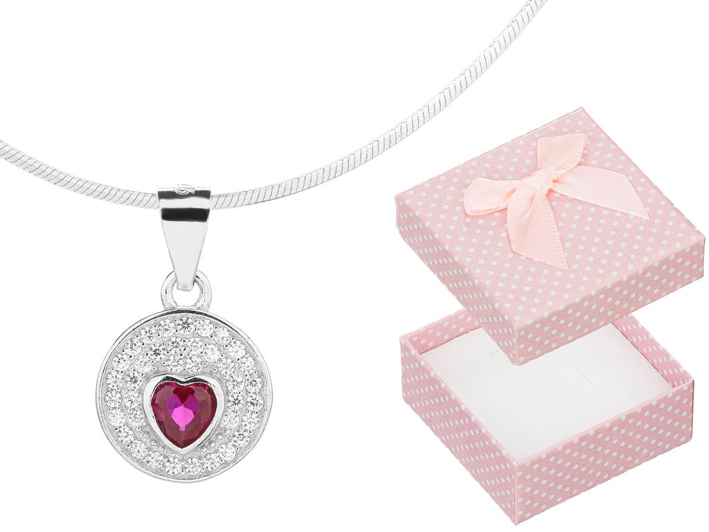 Fine Silver Round Necklace Pink Cubic Zirconia Heart Short Choker 38