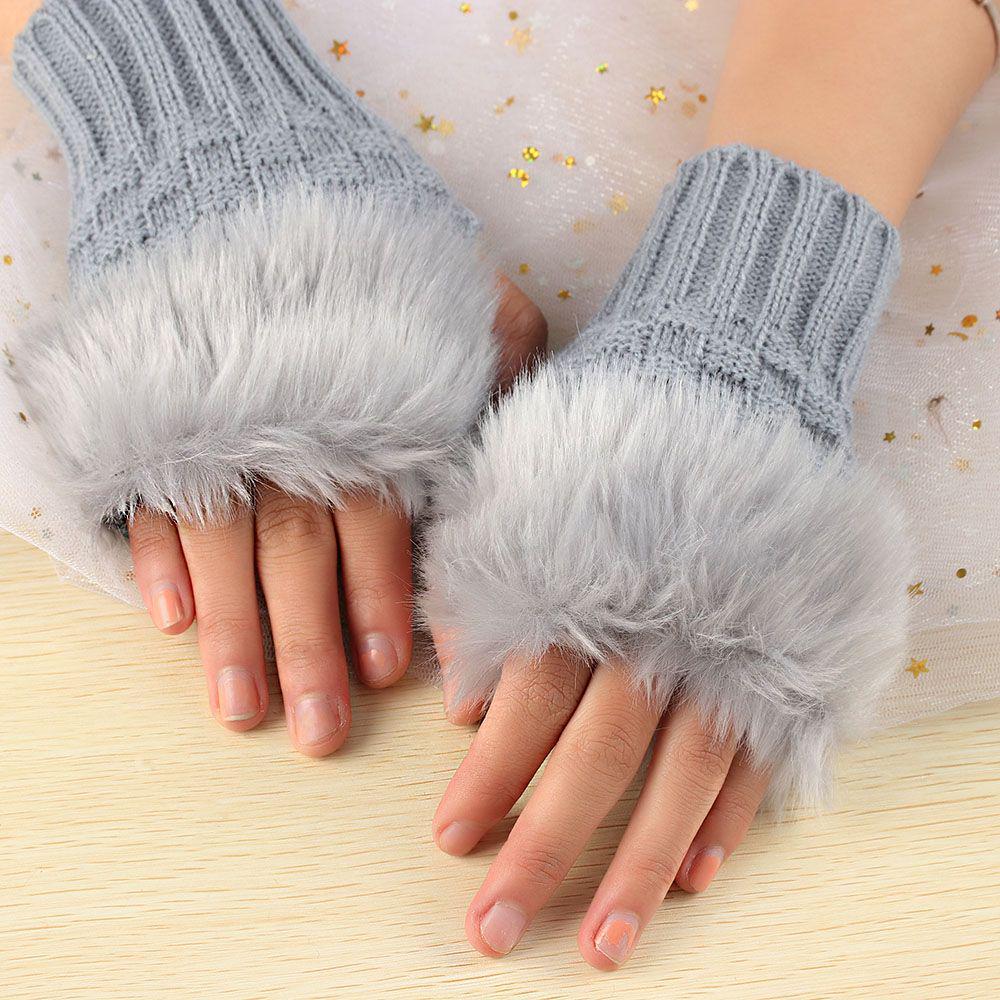 Warm Knitted Sheep Wool Couples Fingerless Mittens Wrist Gloves Faux Rabbit Fur Exposed Finger