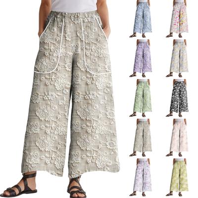 Женские брюки широкие от бедра с эластичным поясом, с принтом, с большими карманами, с отделкой пэчворк по краю, свободные