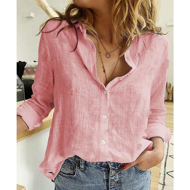 Turn Down Collar Long Sleeve Buttoned Cotton Shirts Women Solid Color Loose Plus Size Tops White Blue Blouse