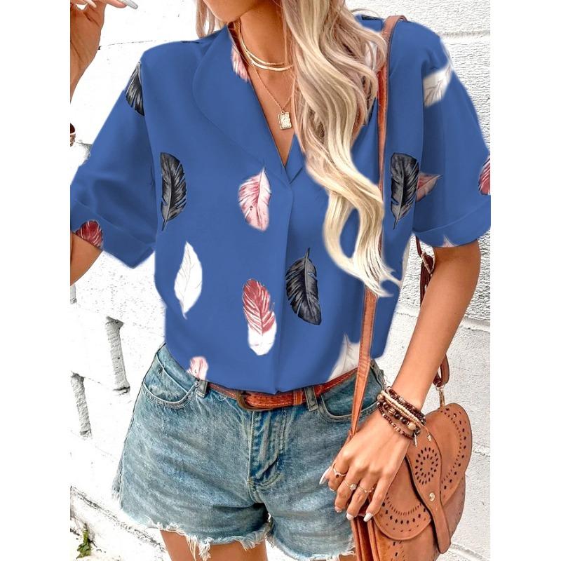 Women's Fashion Casual Summer Spring Feather Print Short Sleeve POLO Neck Blouses & Shirts
