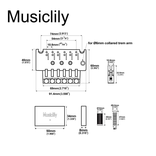 Musiclily Pro BL002 Tremolo Unit Bridge, 10.8mm Pitch, 34mm Brass Block, for Floyd Rose Electric Guitars, Black